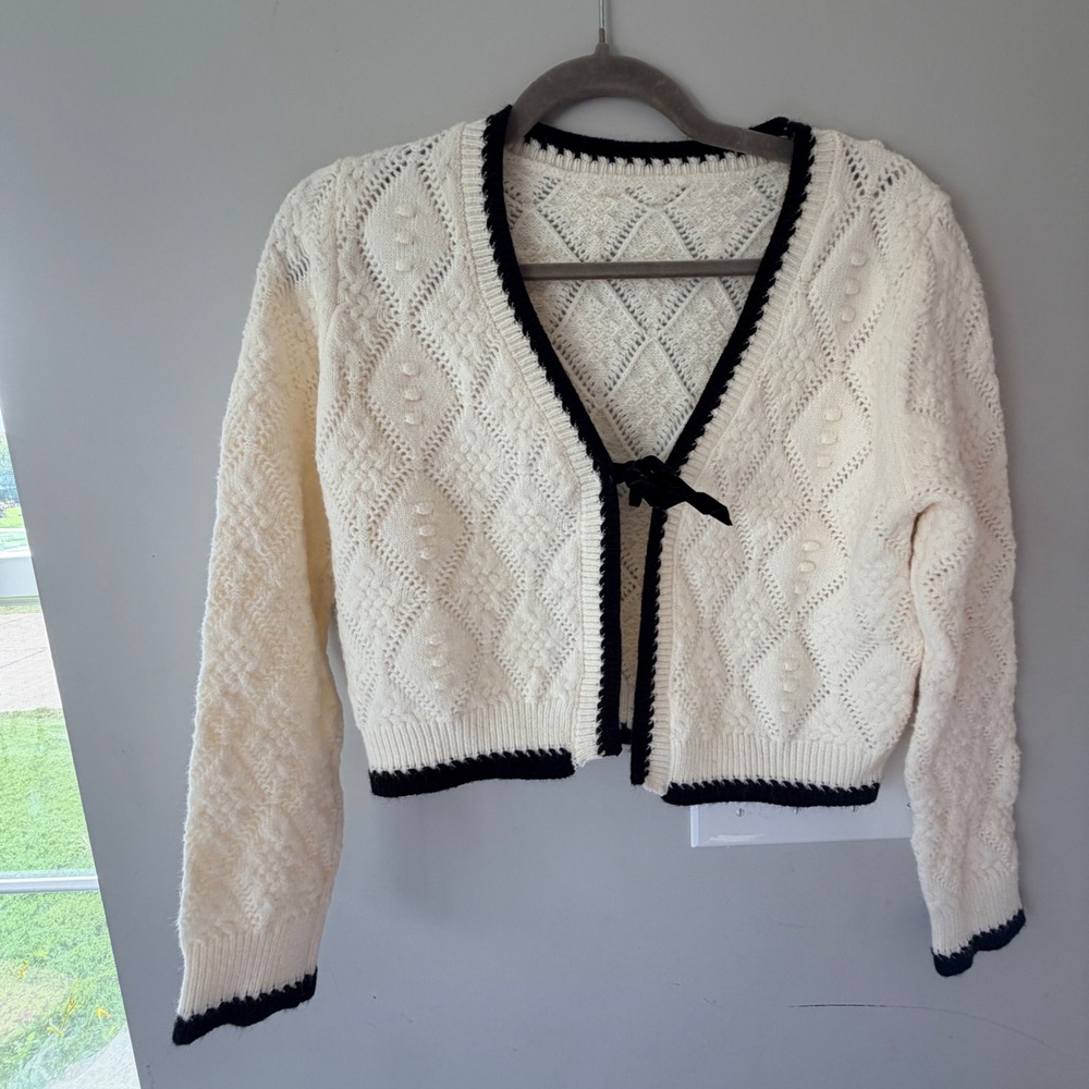 Unbranded Cardigan Sweater Women Small Cream Black Trim Bow Front Coquette Twee